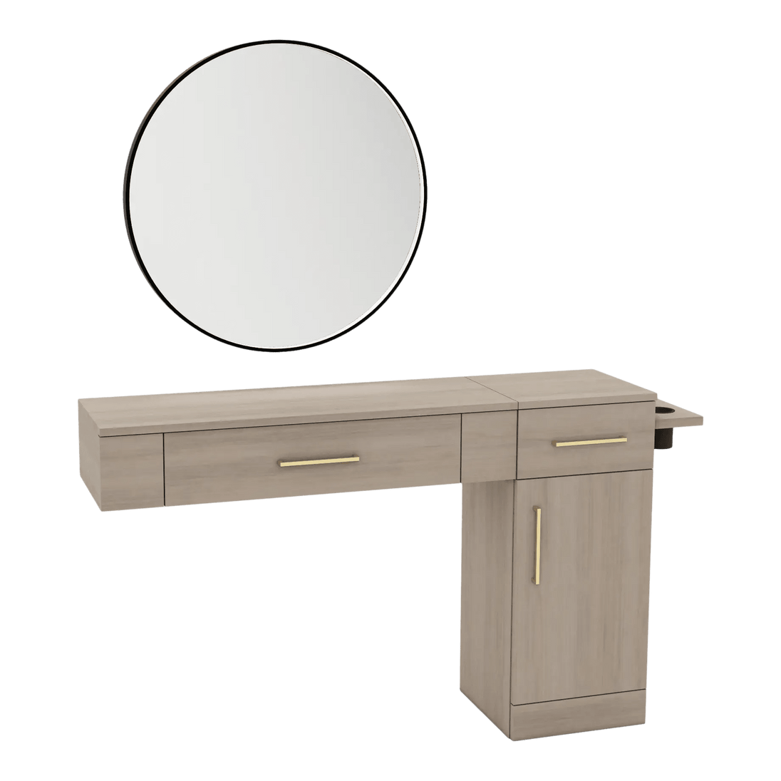Nova Combo Wall Mount Styling Station with Side-Mount Appliance Holder and Black Round Westin Mirror - Kaemark