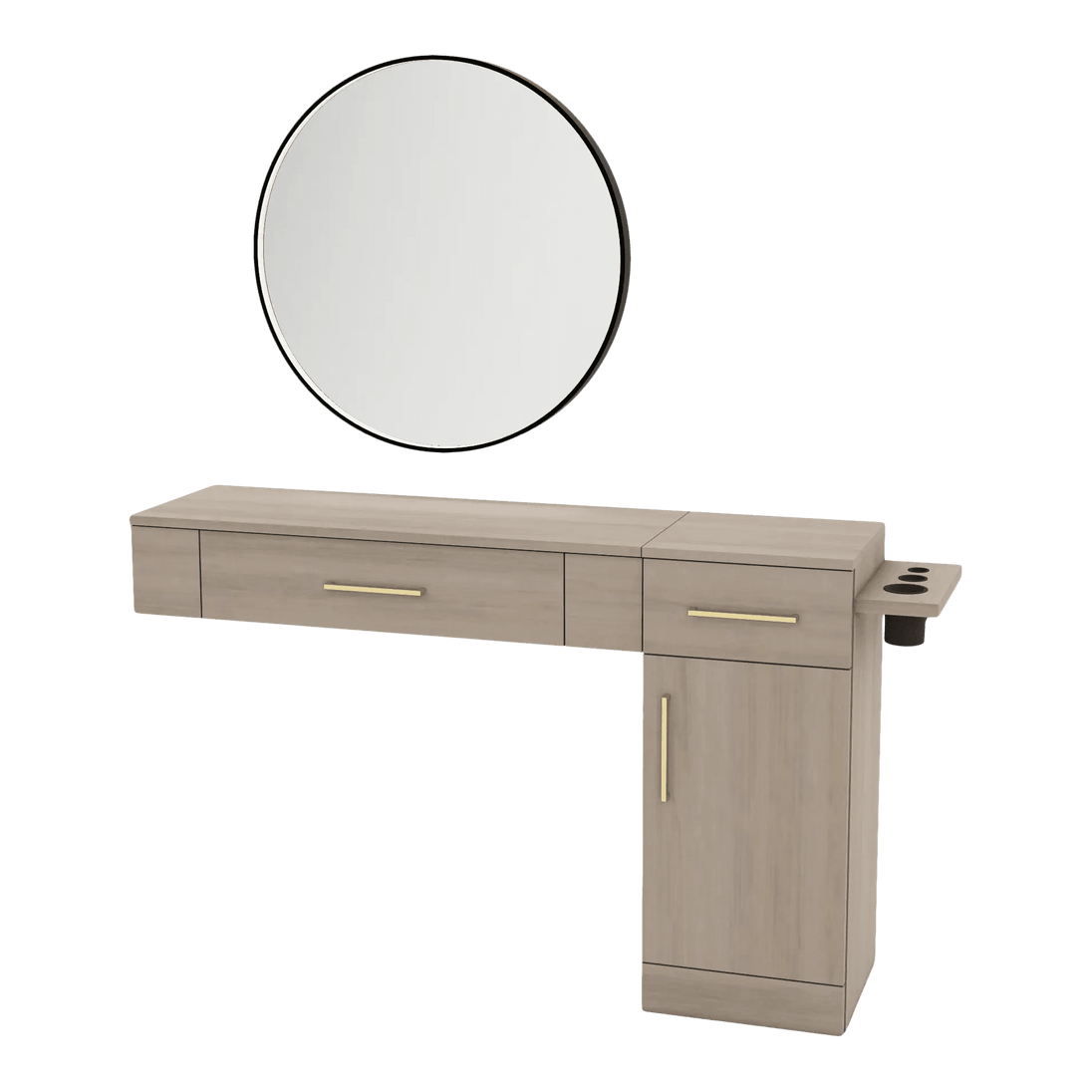 Nova Combo Wall Mount Styling Station with Side-Mount Appliance Holder and Black Round Westin Mirror - Kaemark