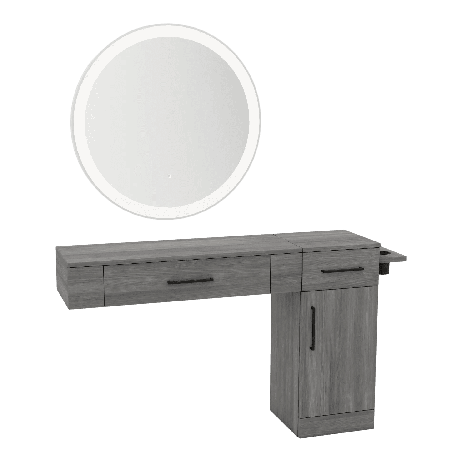 Nova Combo Wall Mount Styling Station with Side-Mount Appliance Holder and Silver Round Glo Mirror - Kaemark