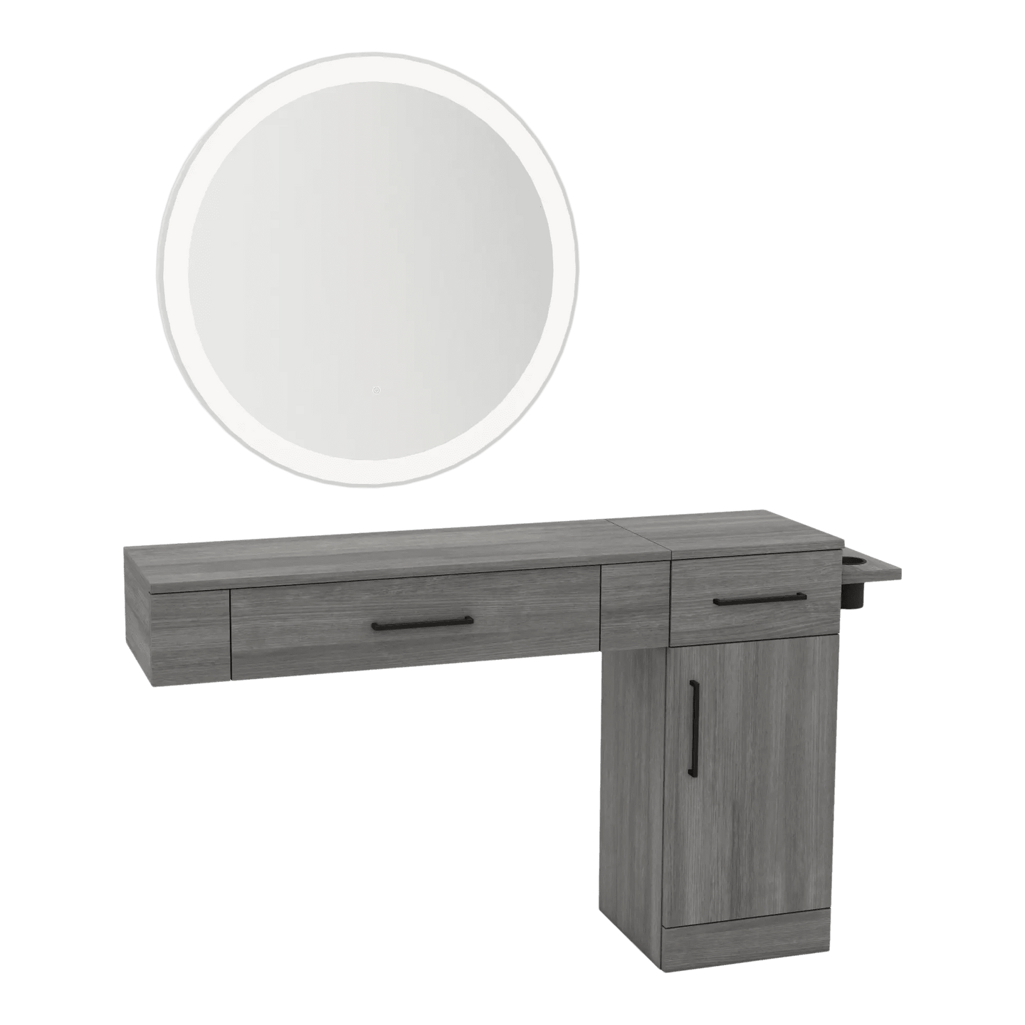 Nova Combo Wall Mount Styling Station with Side-Mount Appliance Holder and Silver Round Glo Mirror - Kaemark