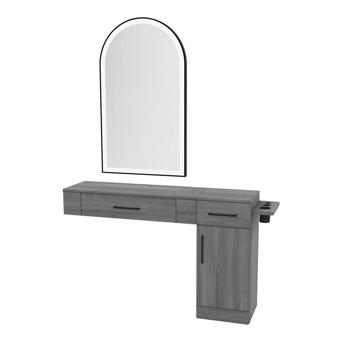 Nova Combo Wall Mount Styling Station with Side-Mount Appliance Holder and Black Arch Paloma Mirror - Kaemark
