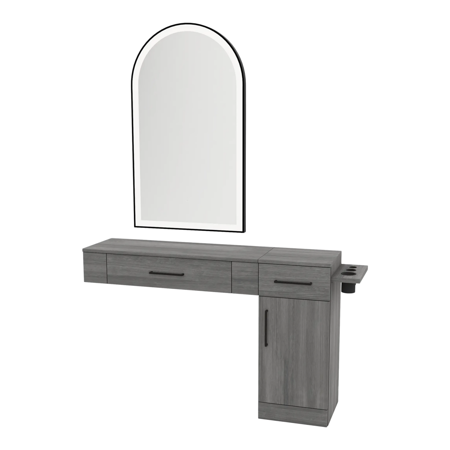 Nova Combo Wall Mount Styling Station with Side-Mount Appliance Holder and Black Arch Paloma Mirror - Kaemark