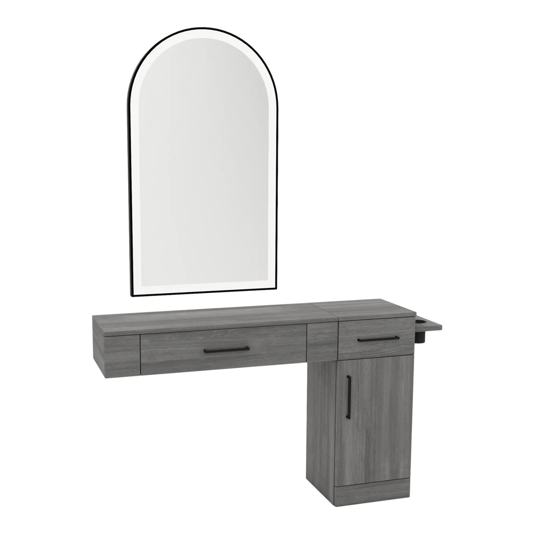 Nova Combo Wall Mount Styling Station with Side-Mount Appliance Holder and Black Arch Paloma Mirror - Kaemark
