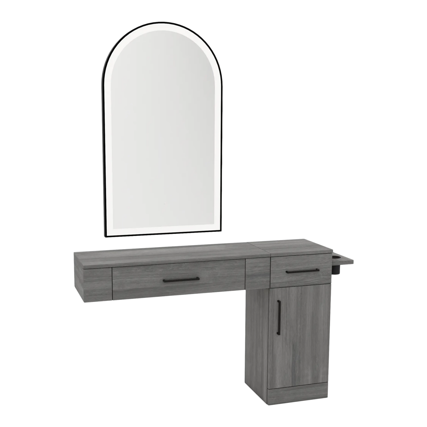 Nova Combo Wall Mount Styling Station with Side-Mount Appliance Holder and Black Arch Paloma Mirror - Kaemark