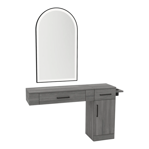 Nova Combo Wall Mount Styling Station with Side-Mount Appliance Holder and Black Arch Paloma Mirror - Kaemark