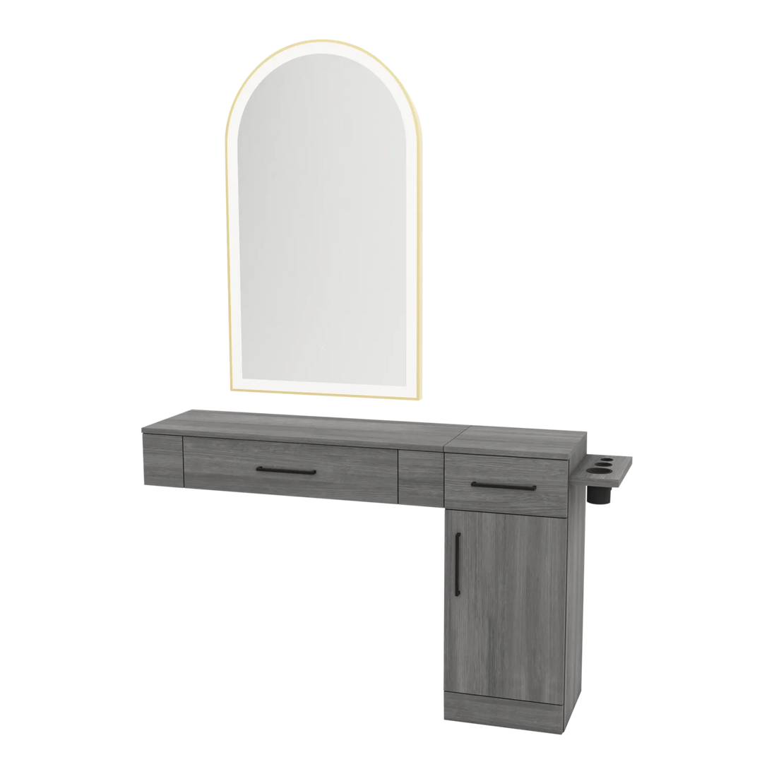 Nova Combo Wall Mount Styling Station with Side-Mount Appliance Holder and Gold Arch Paloma Mirror - Kaemark