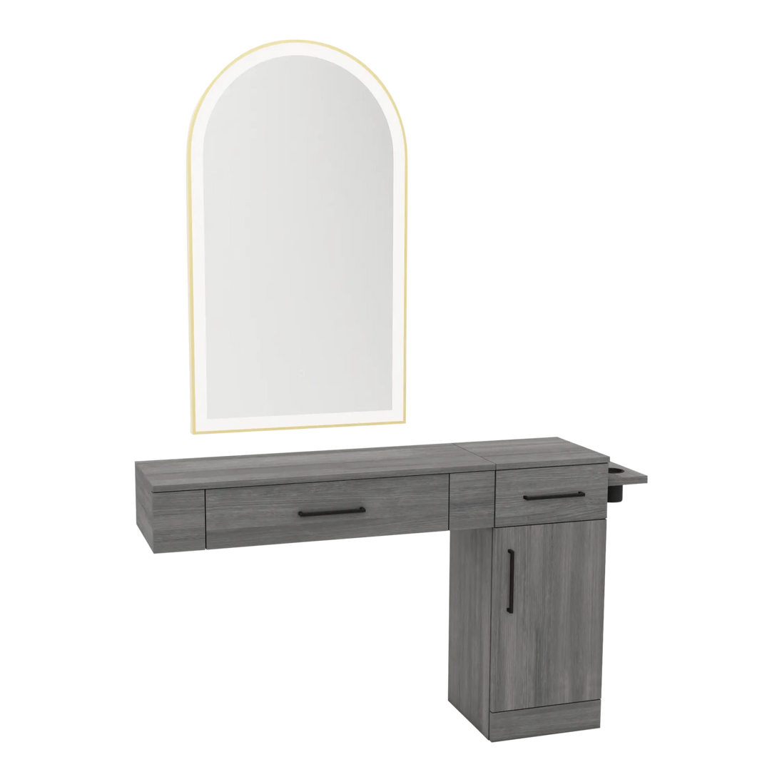 Nova Combo Wall Mount Styling Station with Side-Mount Appliance Holder and Gold Arch Paloma Mirror - Kaemark
