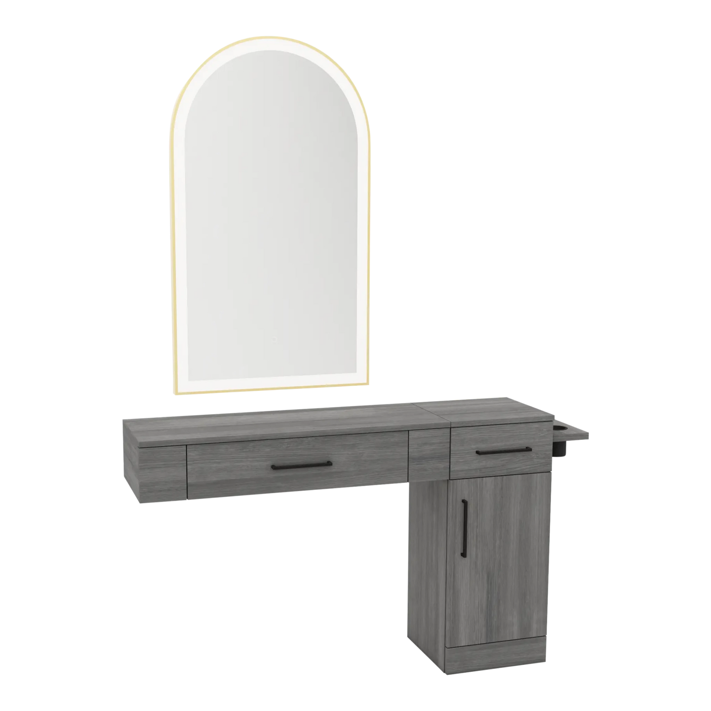 Nova Combo Wall Mount Styling Station with Side-Mount Appliance Holder and Gold Arch Paloma Mirror - Kaemark