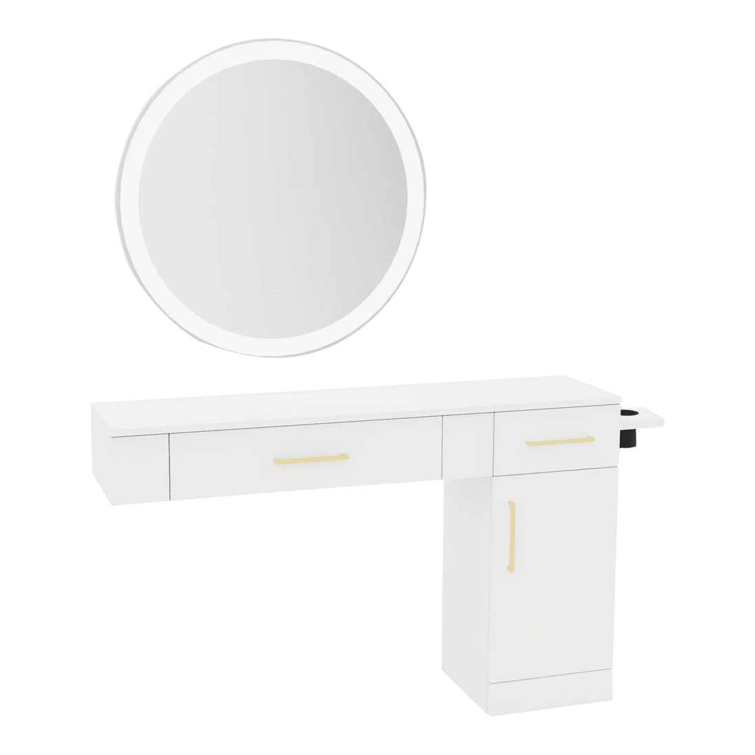 Nova Combo Wall Mount Styling Station with Side-Mount Appliance Holder and Silver Round Glo Mirror - Kaemark