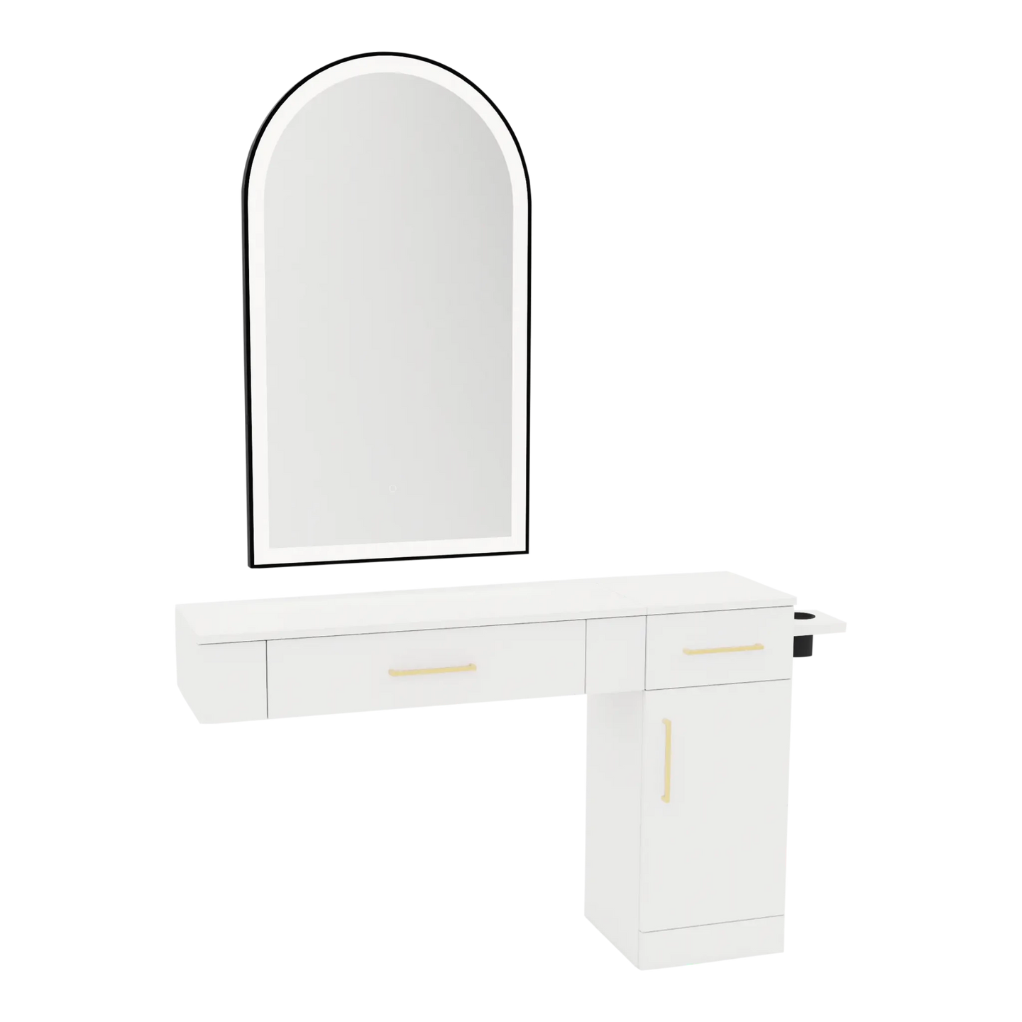 Nova Combo Wall Mount Styling Station with Side-Mount Appliance Holder and Black Arch Paloma Mirror - Kaemark