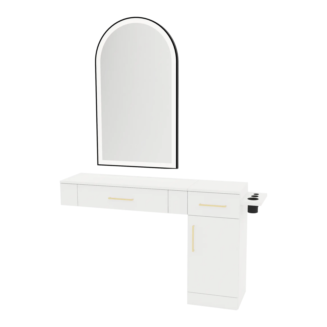 Nova Combo Wall Mount Styling Station with Side-Mount Appliance Holder and Black Arch Paloma Mirror - Kaemark