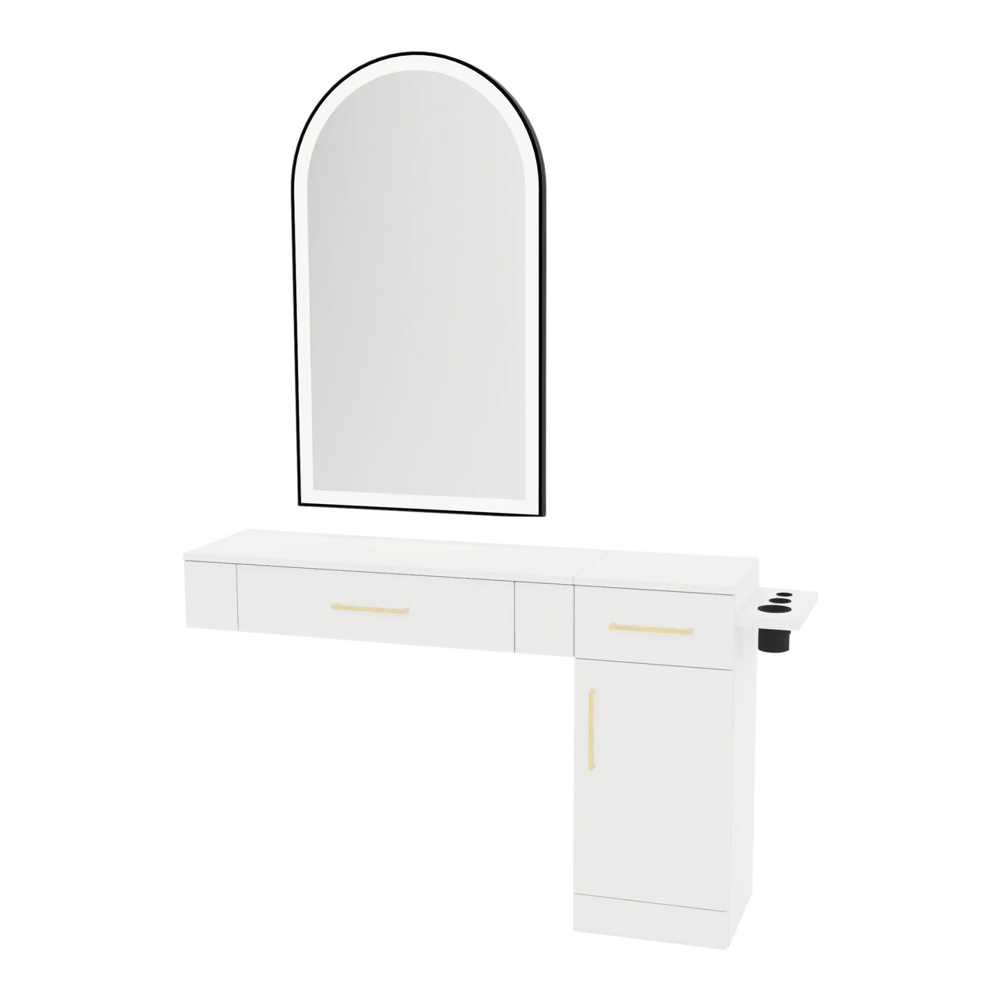 Nova Combo Wall Mount Styling Station with Side-Mount Appliance Holder and Black Arch Paloma Mirror - Kaemark