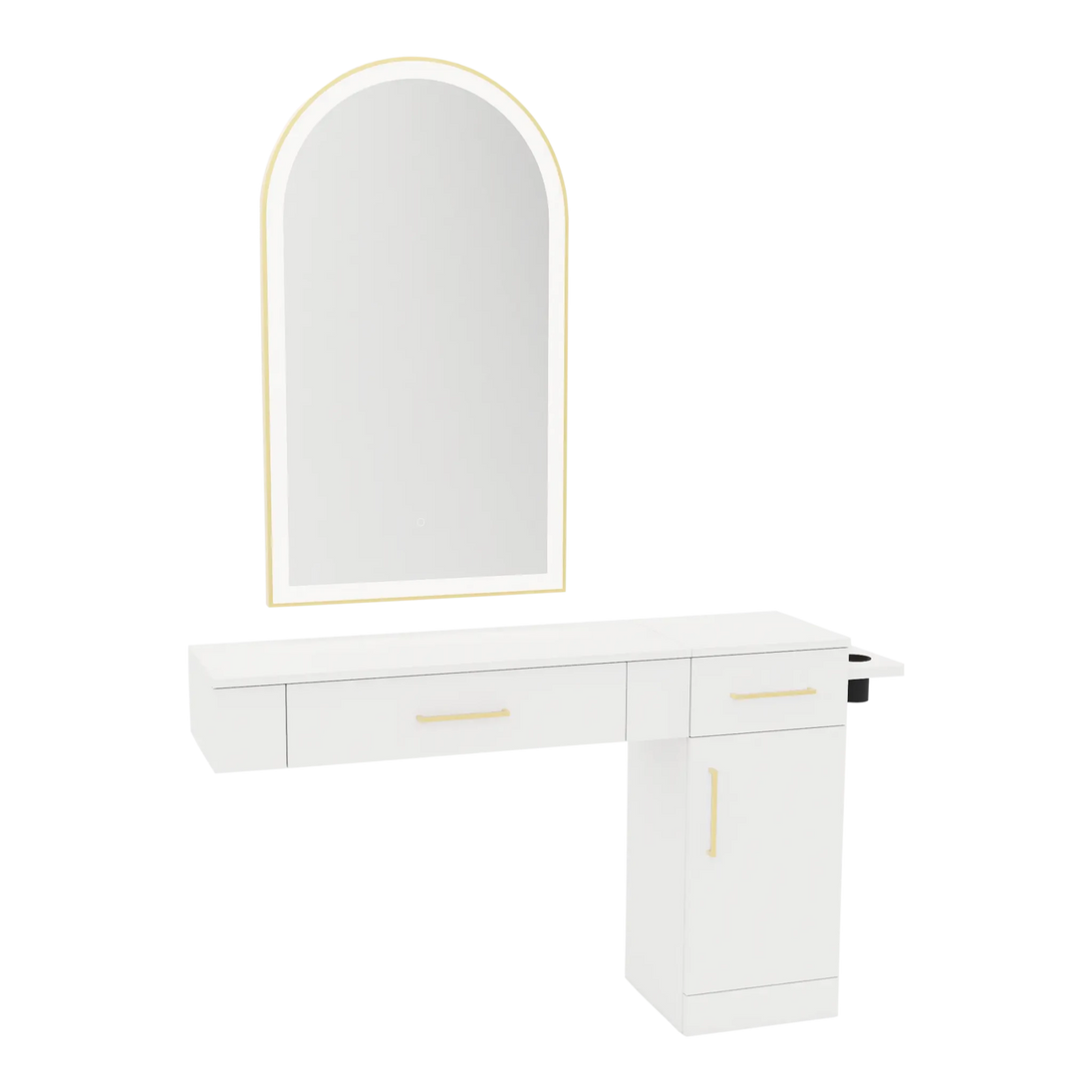 Nova Combo Wall Mount Styling Station with Side-Mount Appliance Holder and Gold Arch Paloma Mirror - Kaemark