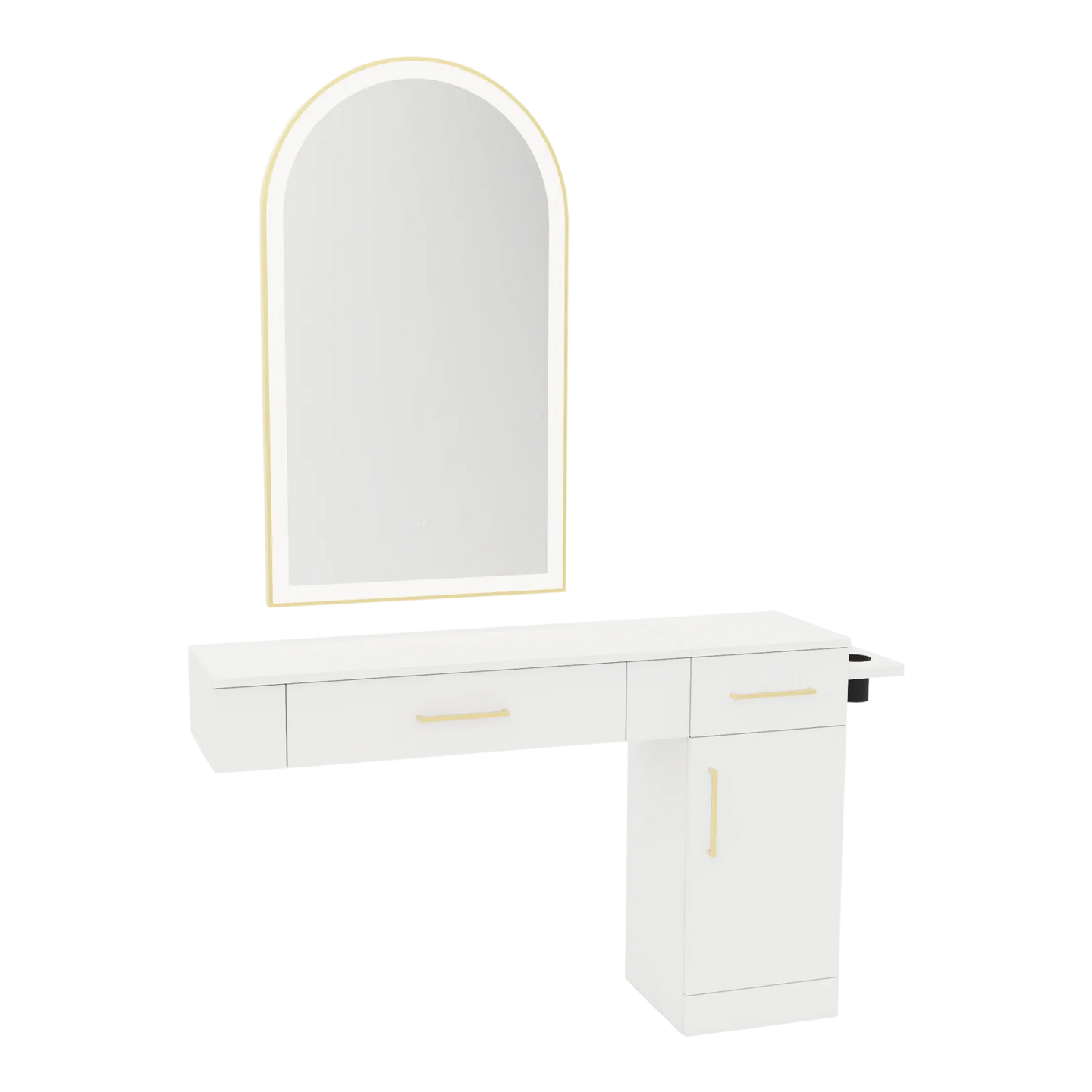 Nova Combo Wall Mount Styling Station with Side-Mount Appliance Holder and Gold Arch Paloma Mirror - Kaemark