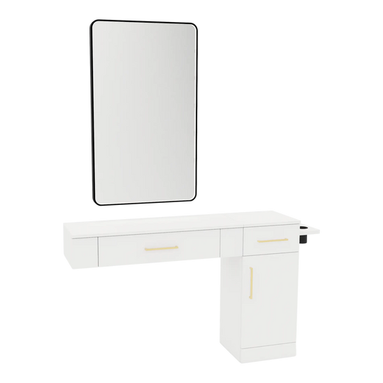 Nova Wall Mount Styling Station with Side-Mount Appliance Holder and Black Rectangle Westin Mirror - Kaemark