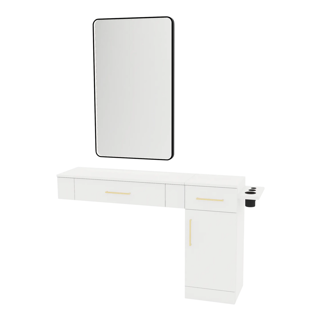 Nova Wall Mount Styling Station with Side-Mount Appliance Holder and Black Rectangle Westin Mirror - Kaemark