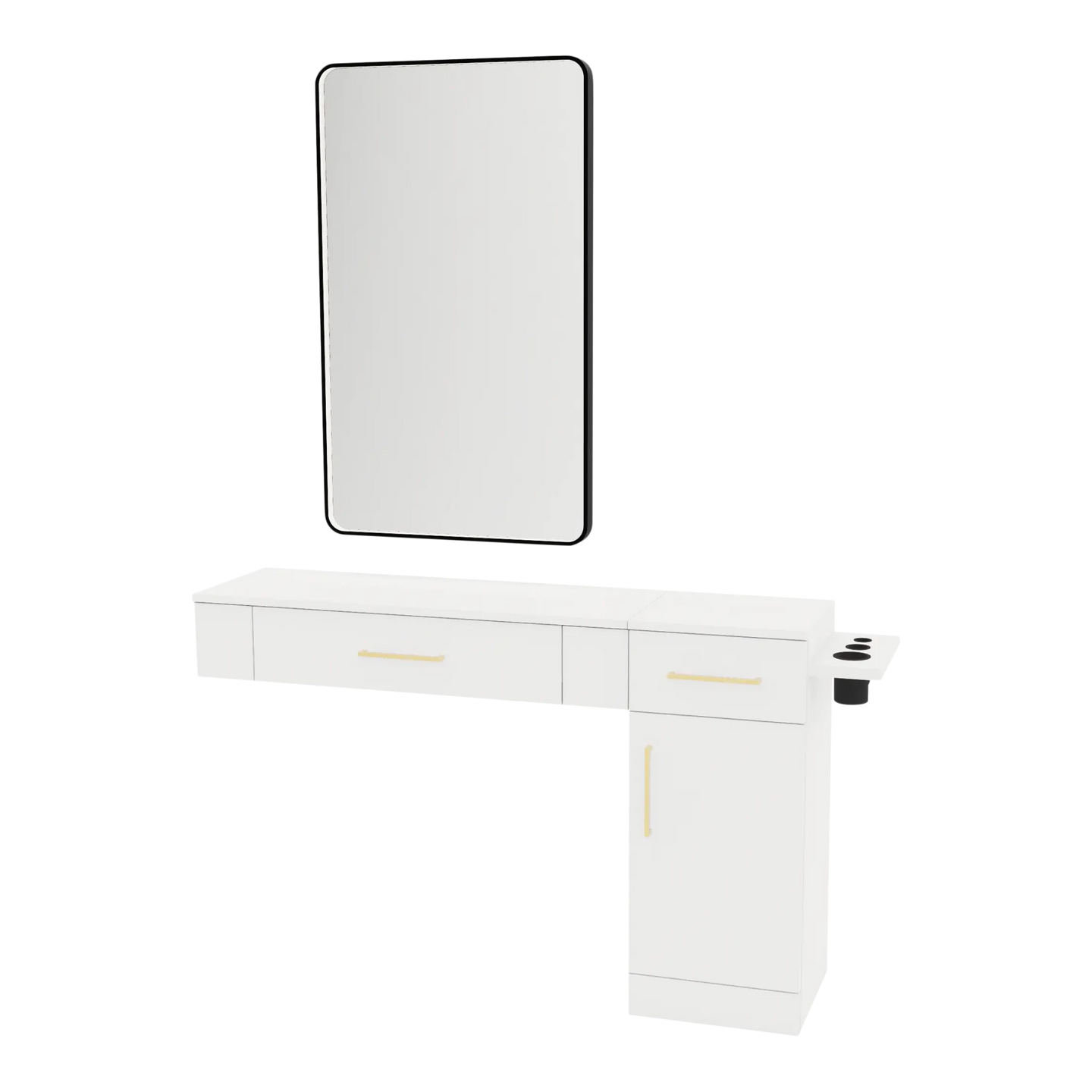 Nova Wall Mount Styling Station with Side-Mount Appliance Holder and Black Rectangle Westin Mirror - Kaemark