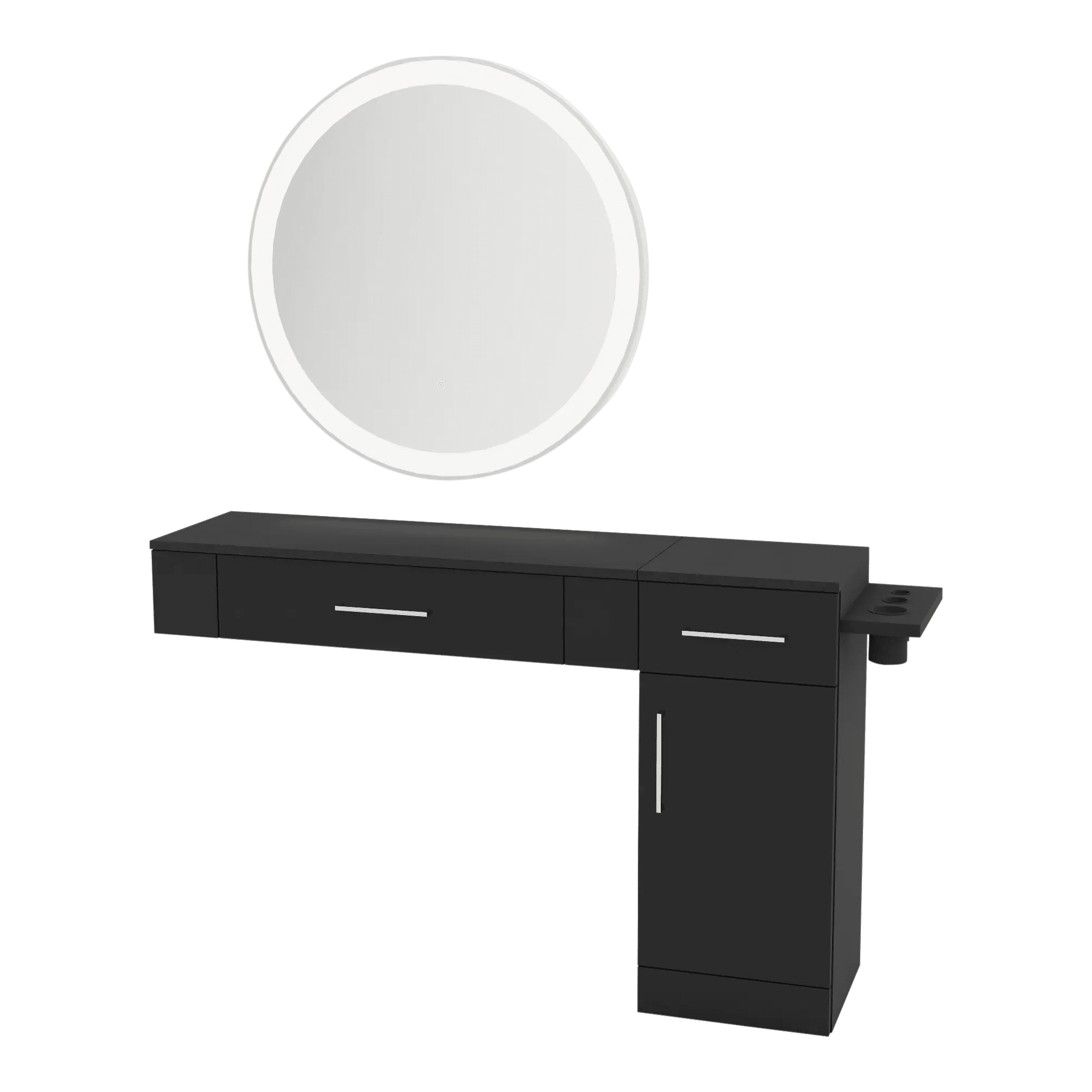 Nova Combo Wall Mount Styling Station with Side-Mount Appliance Holder and Silver Round Glo Mirror - Kaemark