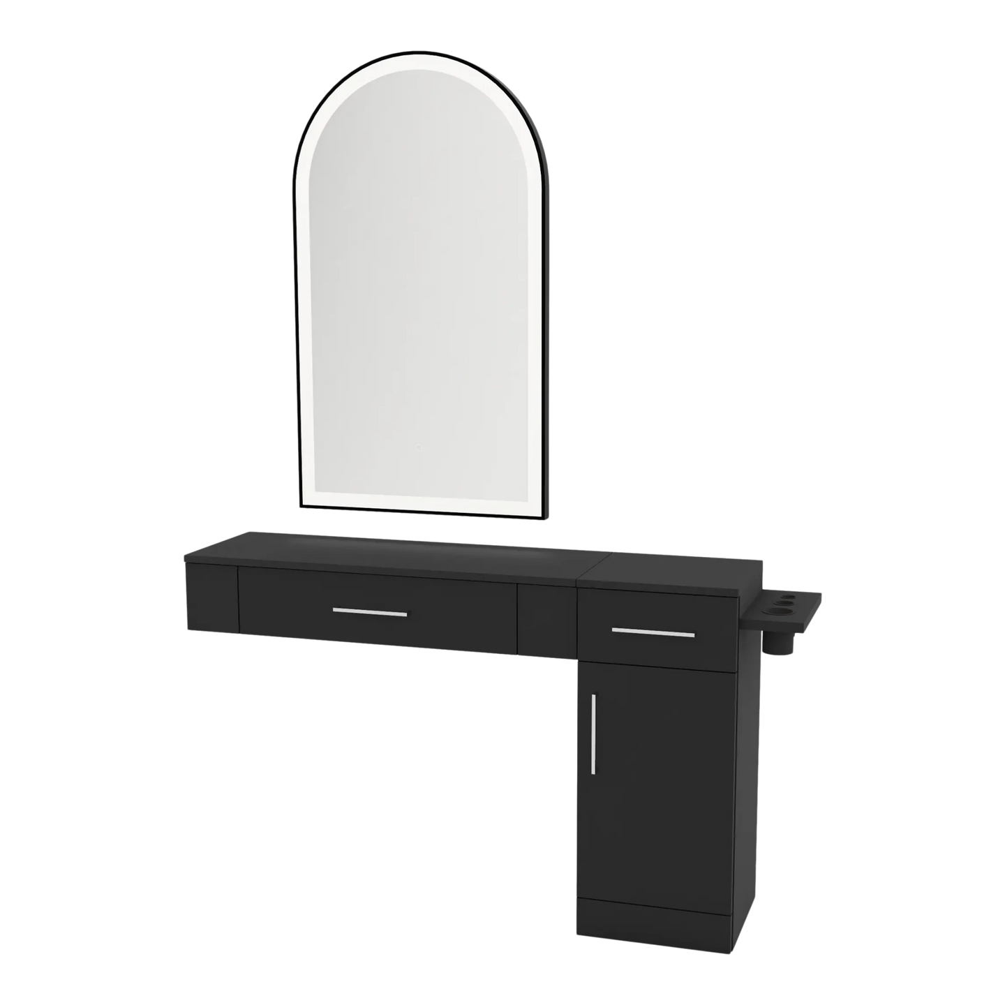 Nova Combo Wall Mount Styling Station with Side-Mount Appliance Holder and Black Arch Paloma Mirror - Kaemark