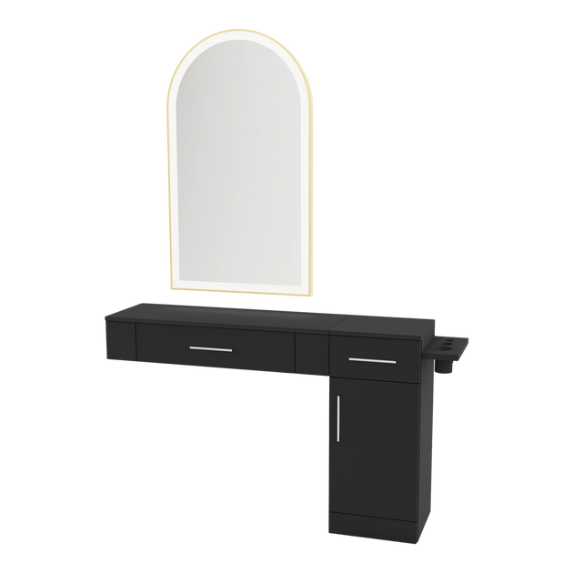 Nova Combo Wall Mount Styling Station with Side-Mount Appliance Holder and Gold Arch Paloma Mirror - Kaemark