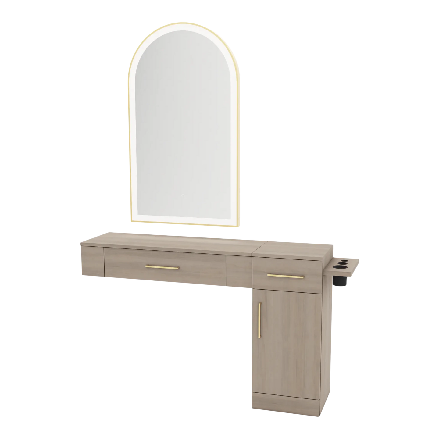Nova Combo Wall Mount Styling Station with Side-Mount Appliance Holder and Gold Arch Paloma Mirror - Kaemark