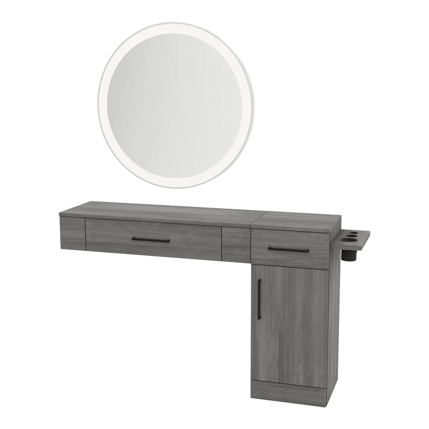 Nova Combo Wall Mount Styling Station with Side-Mount Appliance Holder and Silver Round Glo Mirror - Kaemark