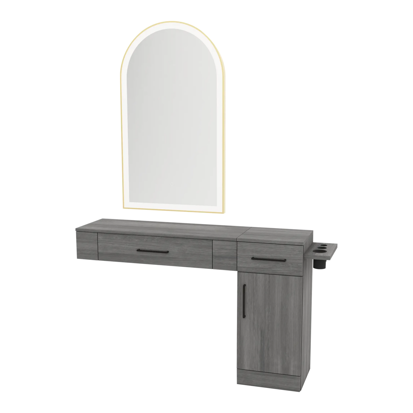Nova Combo Wall Mount Styling Station with Side-Mount Appliance Holder and Gold Arch Paloma Mirror - Kaemark
