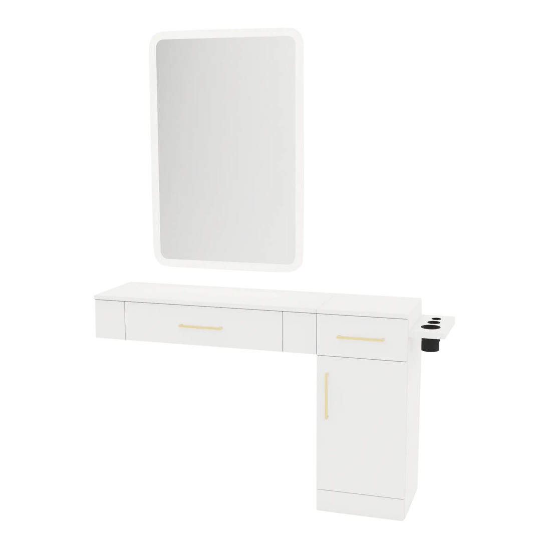 Nova Combo Wall Mount Styling Station with Side-Mount Appliance Holder and White Rectangle Illuminate Back Lit Mirror - Kaemark