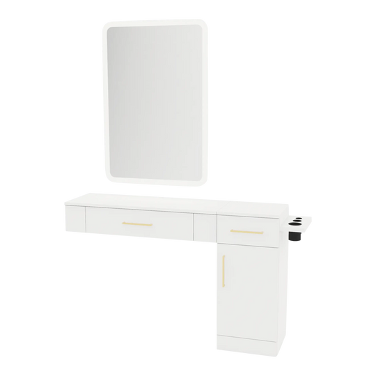 Nova Combo Wall Mount Styling Station with Side-Mount Appliance Holder and White Rectangle Illuminate Back Lit Mirror - Kaemark