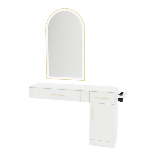 Nova Combo Wall Mount Styling Station with Side-Mount Appliance Holder and Gold Arch Paloma Mirror - Kaemark