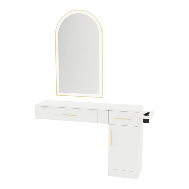 Nova Combo Wall Mount Styling Station with Side-Mount Appliance Holder and Gold Arch Paloma Mirror - Kaemark