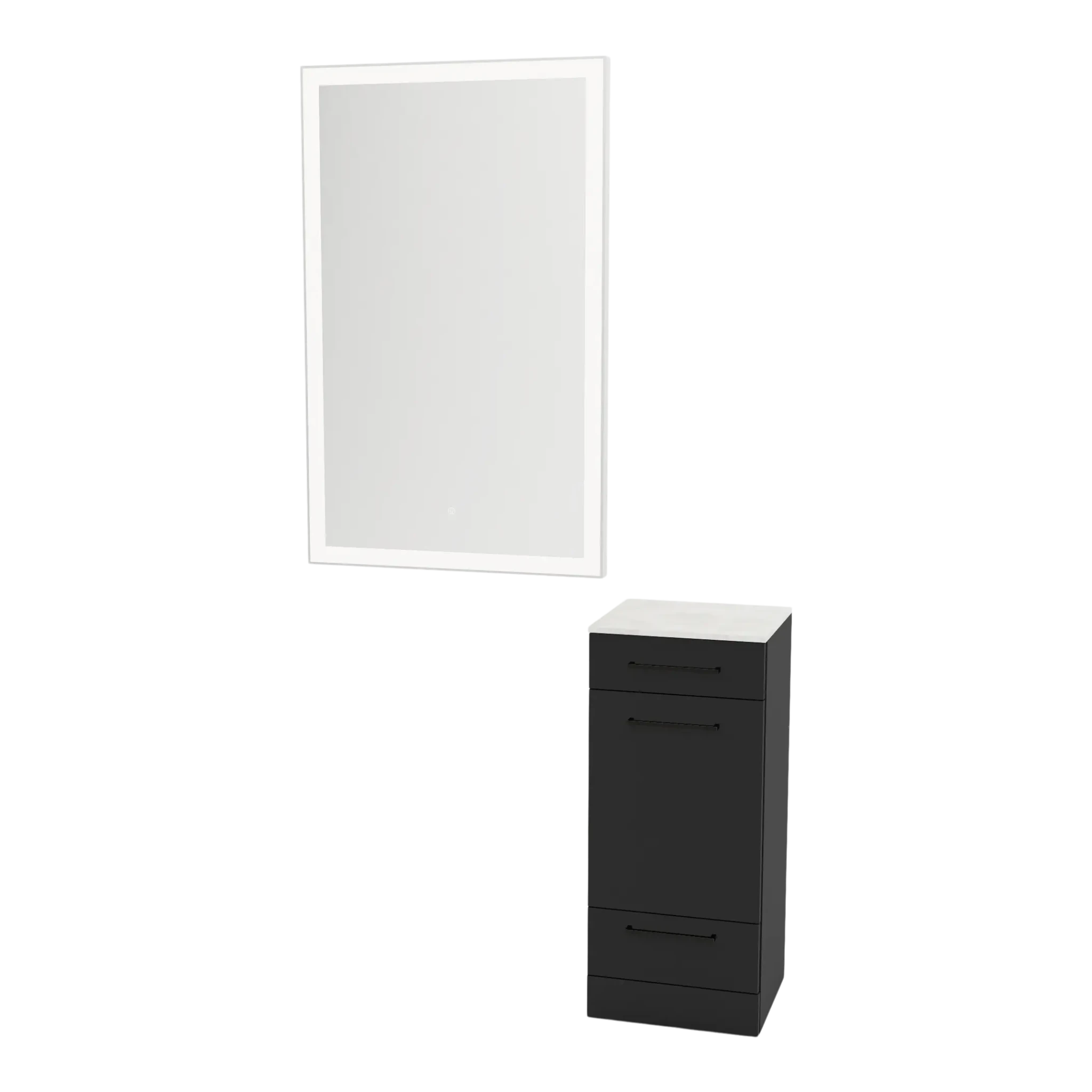 Rococo Mobile Styling Station with Tilt-out Appliance Holder, Solid Surface Countertop, and Silver Rectangle Glo Mirror - Kaemark