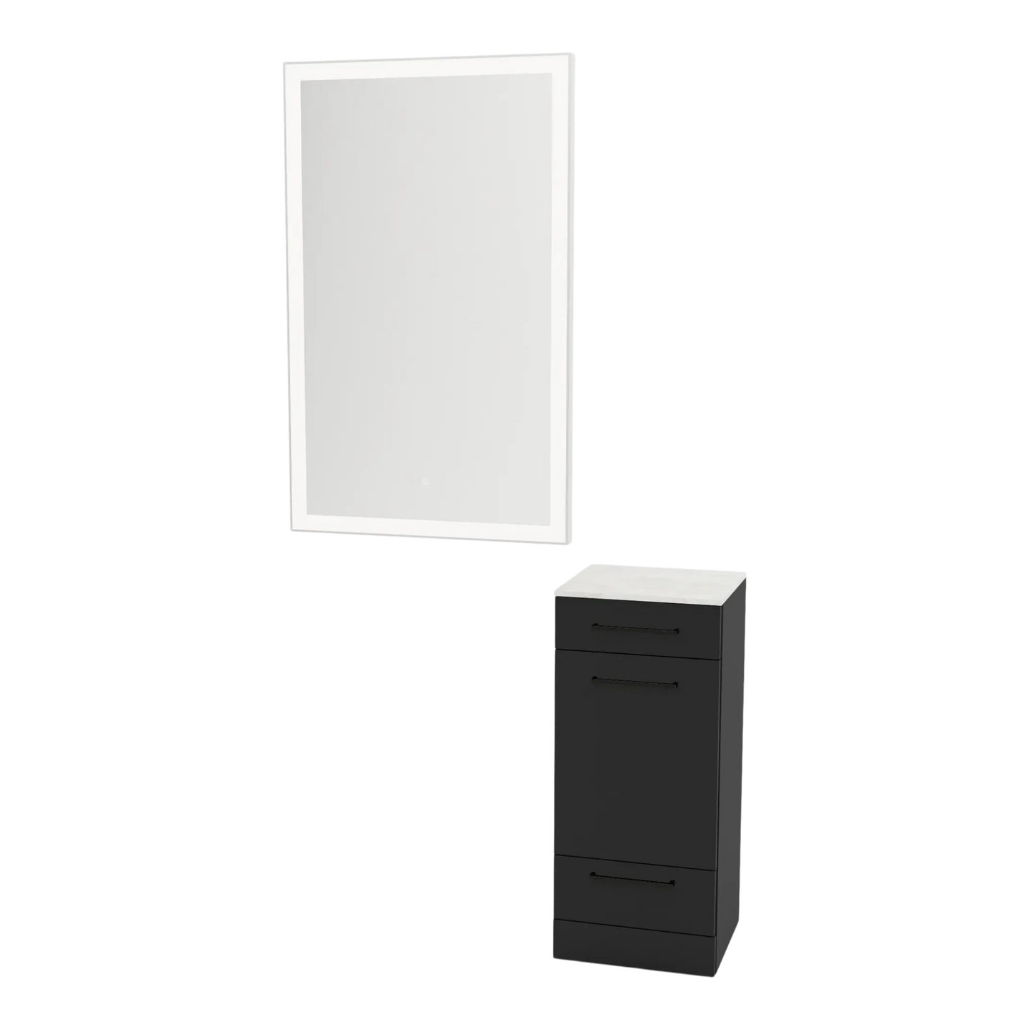 Rococo Mobile Styling Station with Tilt-out Appliance Holder, Solid Surface Countertop, and Silver Rectangle Glo Mirror - Kaemark