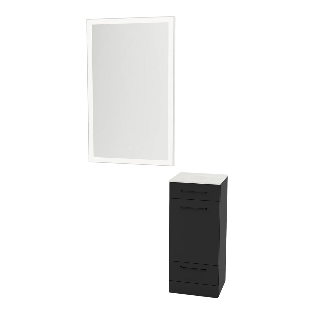 Rococo Mobile Styling Station with Tilt-out Appliance Holder, Solid Surface Countertop, and Silver Rectangle Glo Mirror - Kaemark