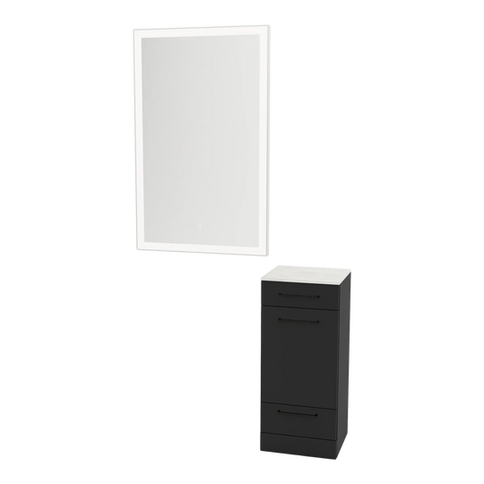 Rococo Mobile Styling Station with Tilt-out Appliance Holder, Solid Surface Countertop, and Silver Rectangle Glo Mirror - Kaemark