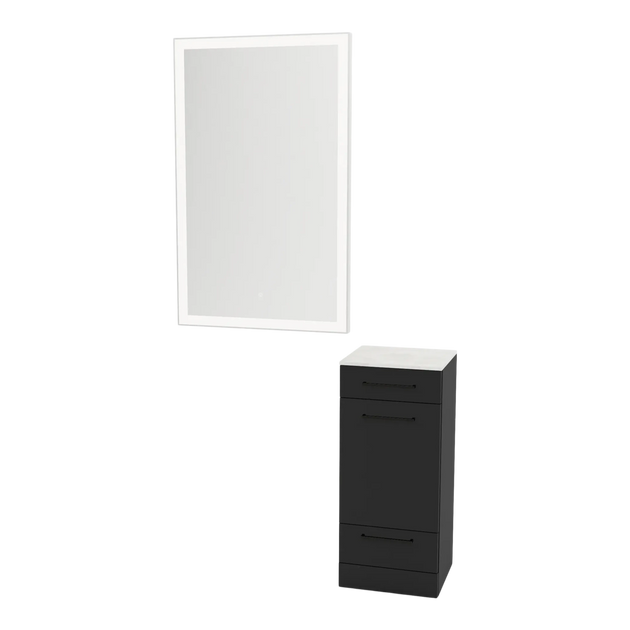 Rococo Mobile Styling Station with Tilt-out Appliance Holder, Solid Surface Countertop, and Silver Rectangle Glo Mirror - Kaemark