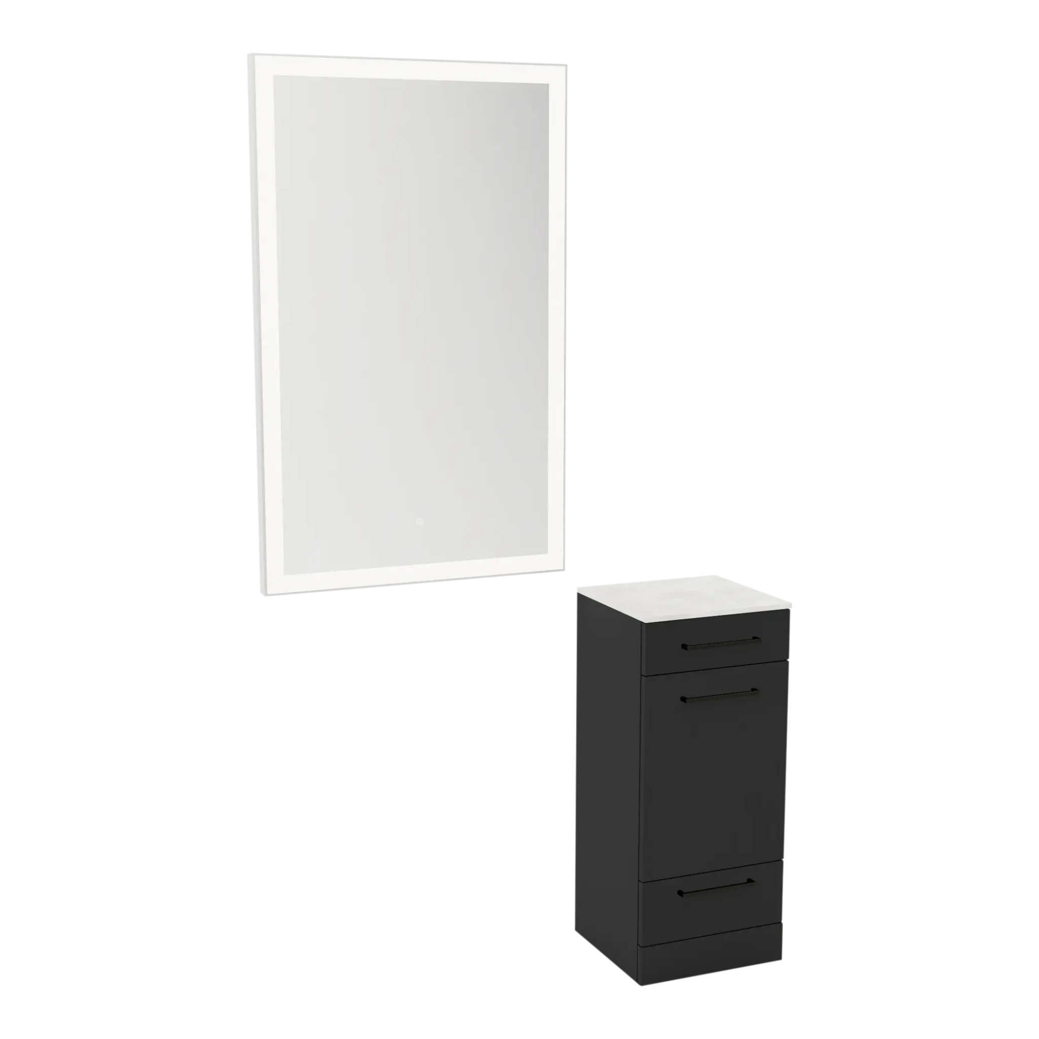 Rococo Mobile Styling Station with Tilt-out Appliance Holder, Solid Surface Countertop, and Silver Rectangle Glo Mirror - Kaemark