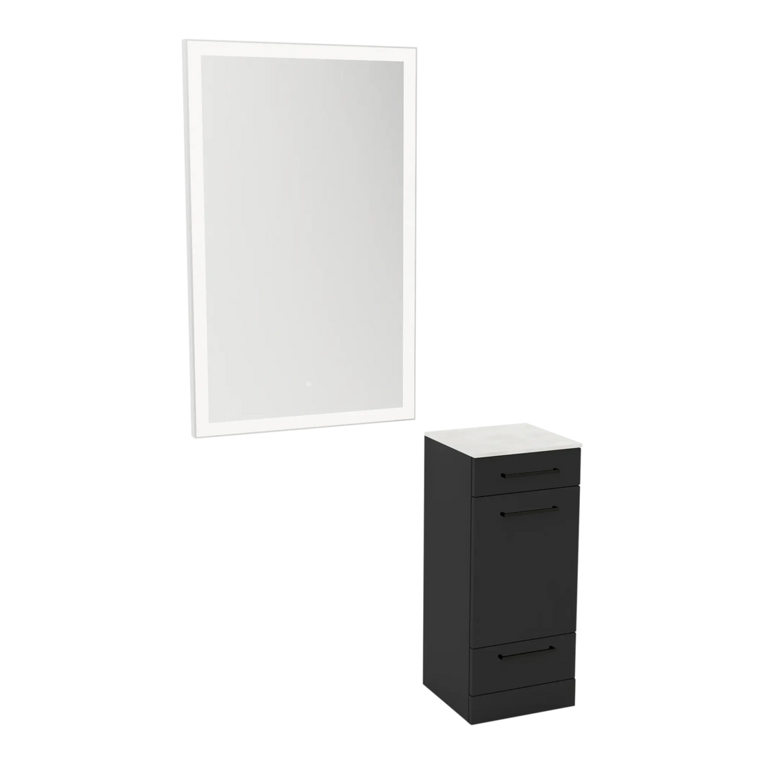 Rococo Mobile Styling Station with Tilt-out Appliance Holder, Solid Surface Countertop, and Silver Rectangle Glo Mirror - Kaemark