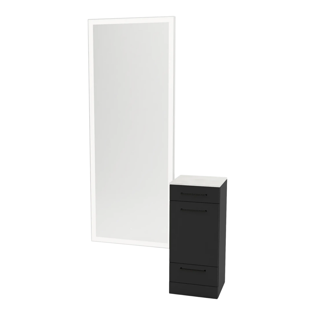 Rococo Mobile Styling Station with Tilt-out Appliance Holder, Solid Surface Countertop, and Silver Full-Length Rectangle Glo Mirror - Kaemark