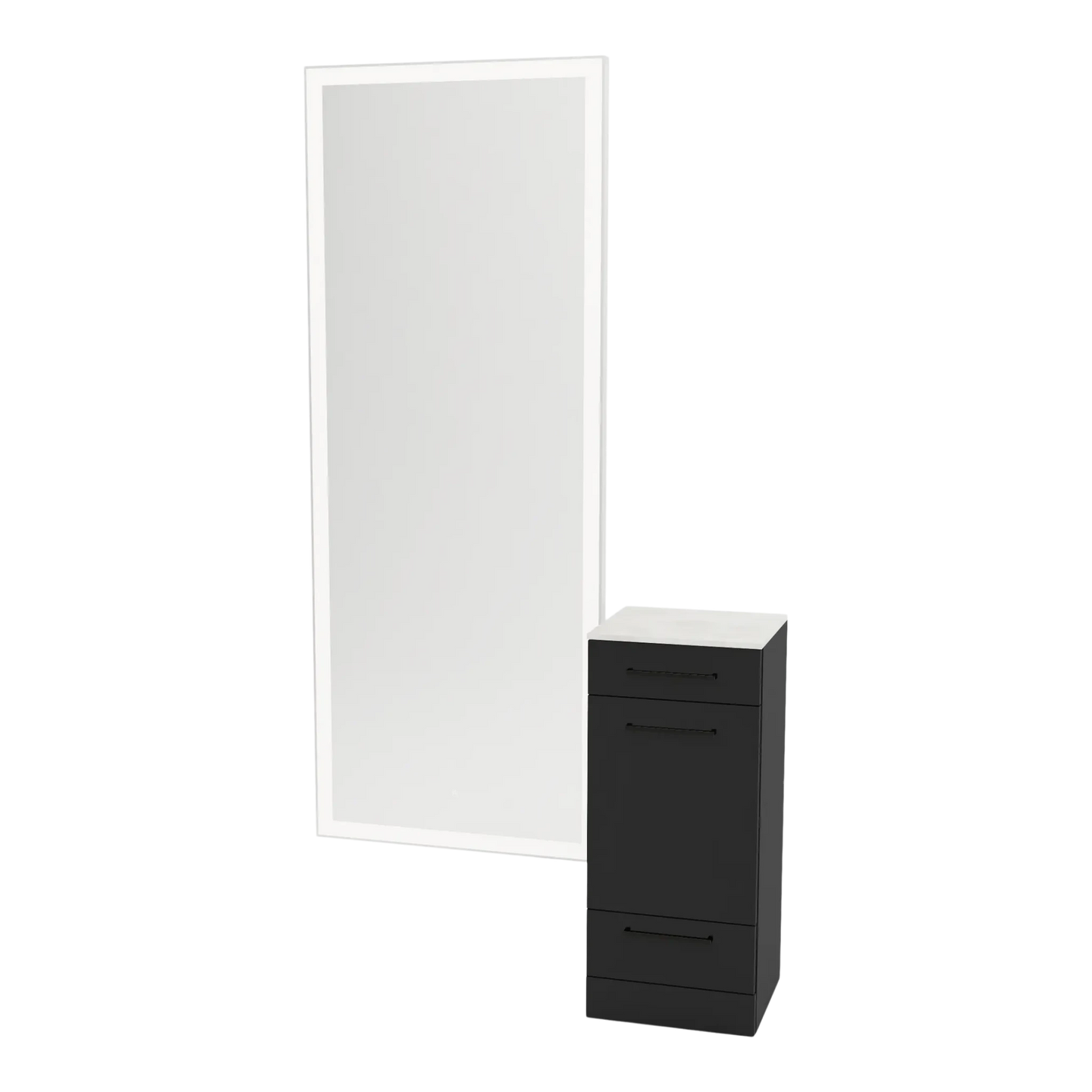 Rococo Mobile Styling Station with Tilt-out Appliance Holder, Solid Surface Countertop, and Silver Full-Length Rectangle Glo Mirror - Kaemark