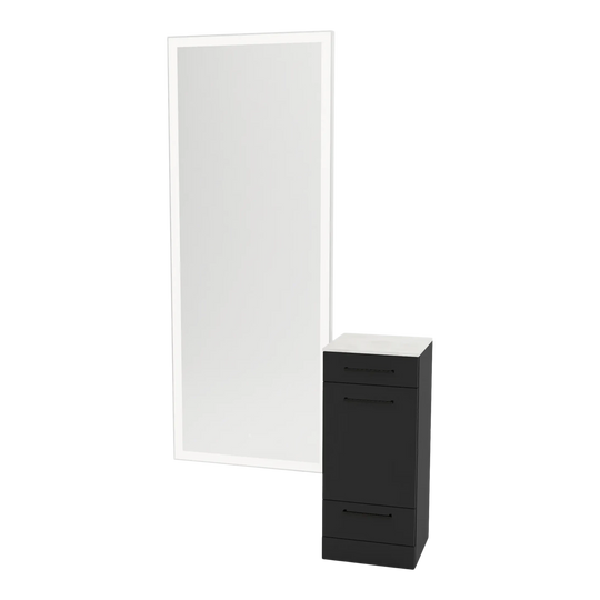 Rococo Mobile Styling Station with Tilt-out Appliance Holder, Solid Surface Countertop, and Silver Full-Length Rectangle Glo Mirror - Kaemark