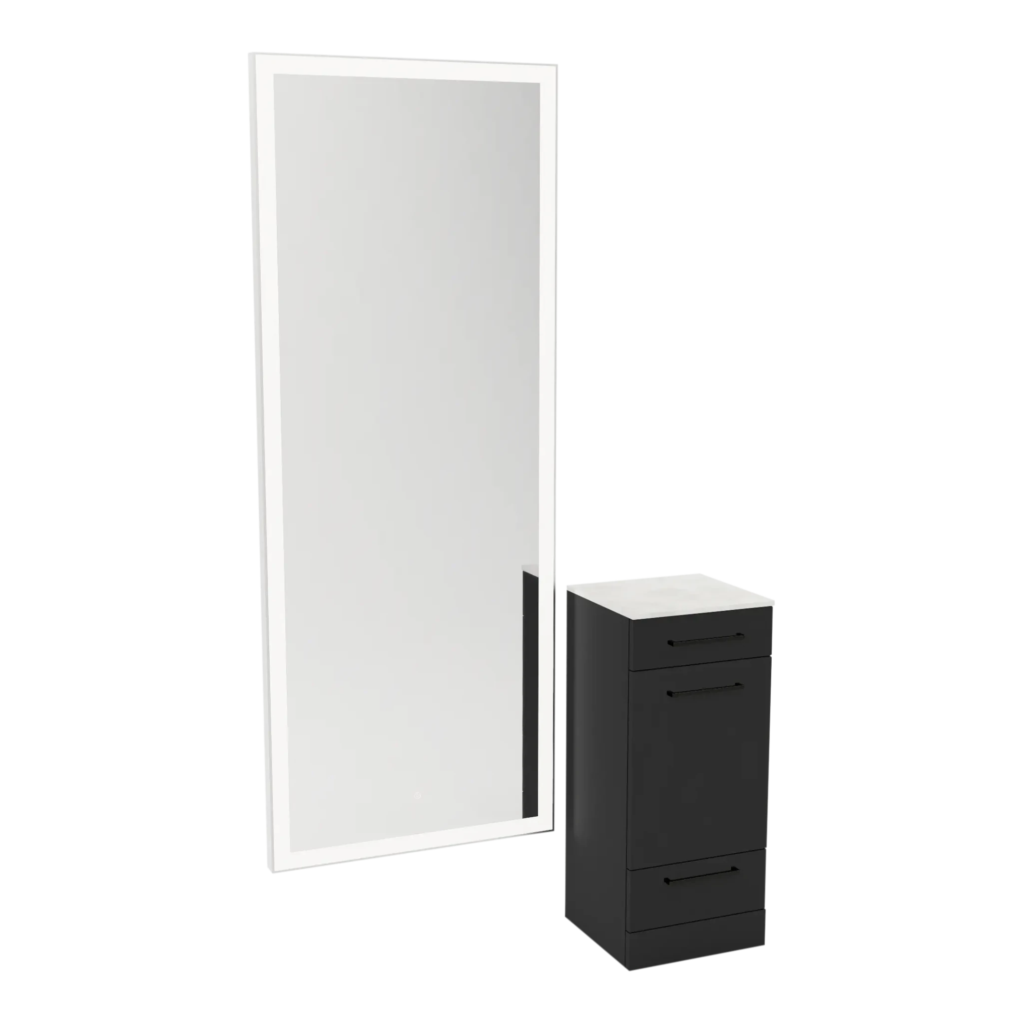 Rococo Mobile Styling Station with Tilt-out Appliance Holder, Solid Surface Countertop, and Silver Full-Length Rectangle Glo Mirror - Kaemark