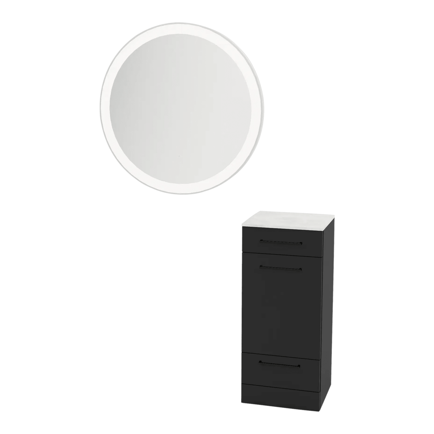 Rococo Mobile Styling Station with Tilt-out Appliance Holder, Solid Surface Countertop, and Silver Round Glo Mirror - Kaemark