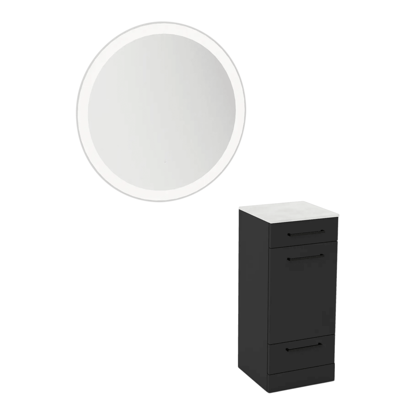 Rococo Mobile Styling Station with Tilt-out Appliance Holder, Solid Surface Countertop, and Silver Round Glo Mirror - Kaemark