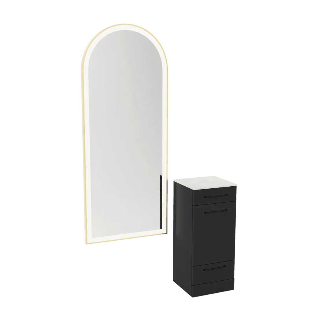 Rococo Mobile Styling Station with Tilt-out Appliance Holder, Solid Surface Countertop, and Gold Full-Length Arch Paloma Mirror - Kaemark