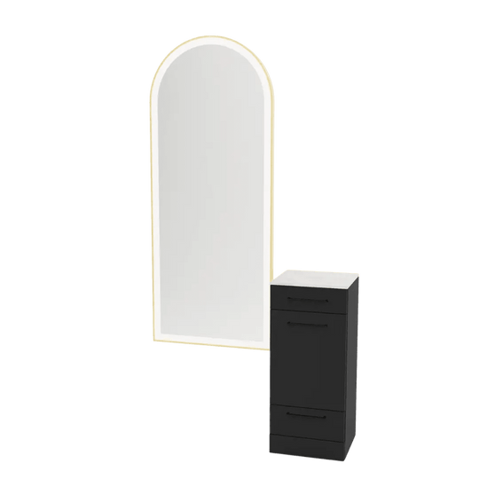 Rococo Mobile Styling Station with Tilt-out Appliance Holder, Solid Surface Countertop, and Gold Full-Length Arch Paloma Mirror - Kaemark