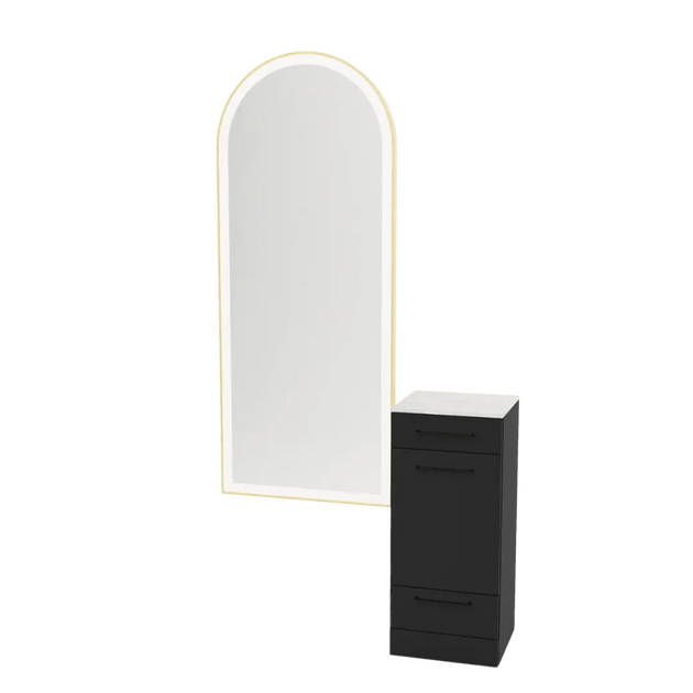 Rococo Mobile Styling Station with Tilt-out Appliance Holder, Solid Surface Countertop, and Gold Full-Length Arch Paloma Mirror - Kaemark