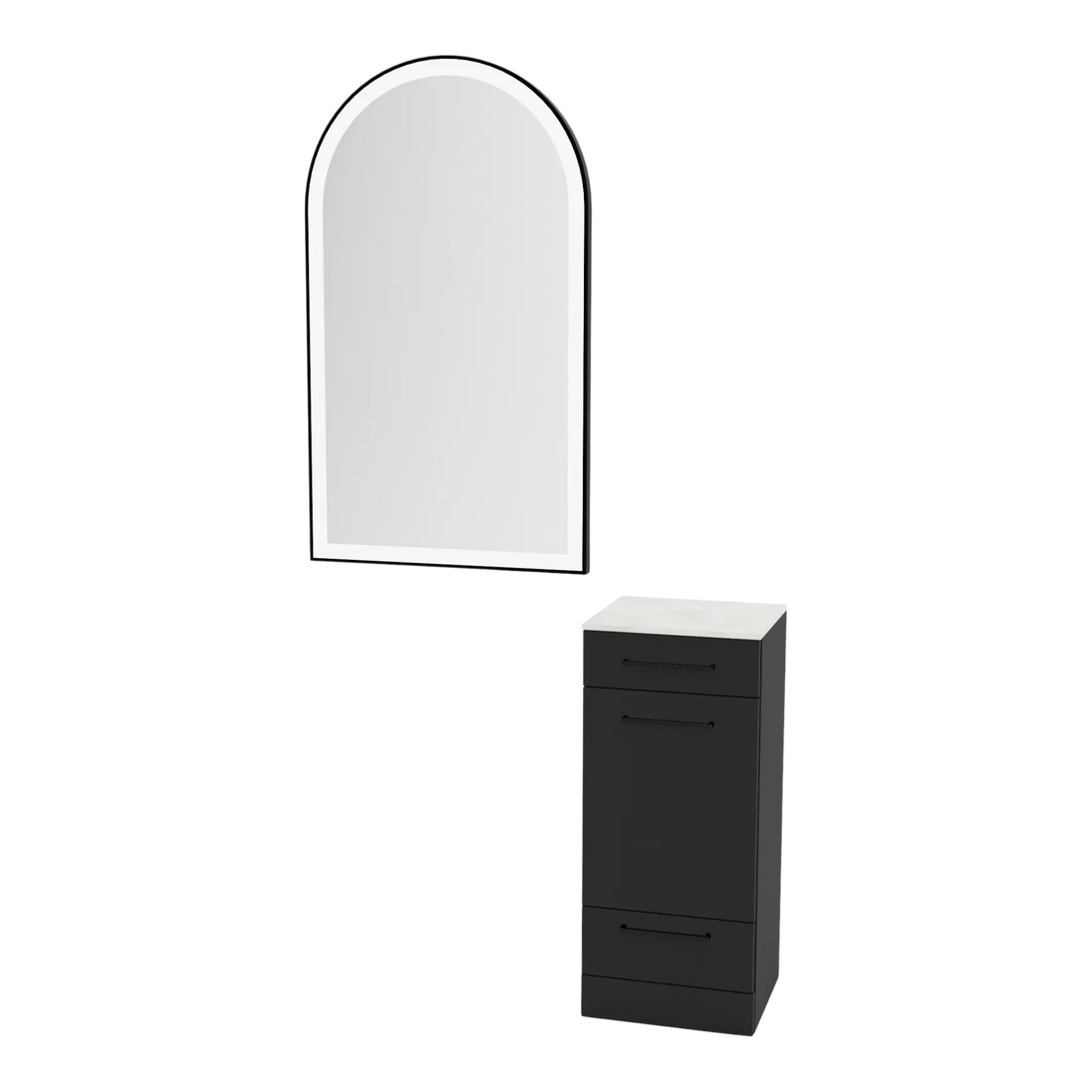 Rococo Mobile Styling Station with Tilt-out Appliance Holder, Solid Surface Countertop, and Black Arch Paloma Mirror - Kaemark
