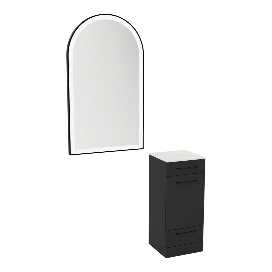 Rococo Mobile Styling Station with Tilt-out Appliance Holder, Solid Surface Countertop, and Black Arch Paloma Mirror - Kaemark