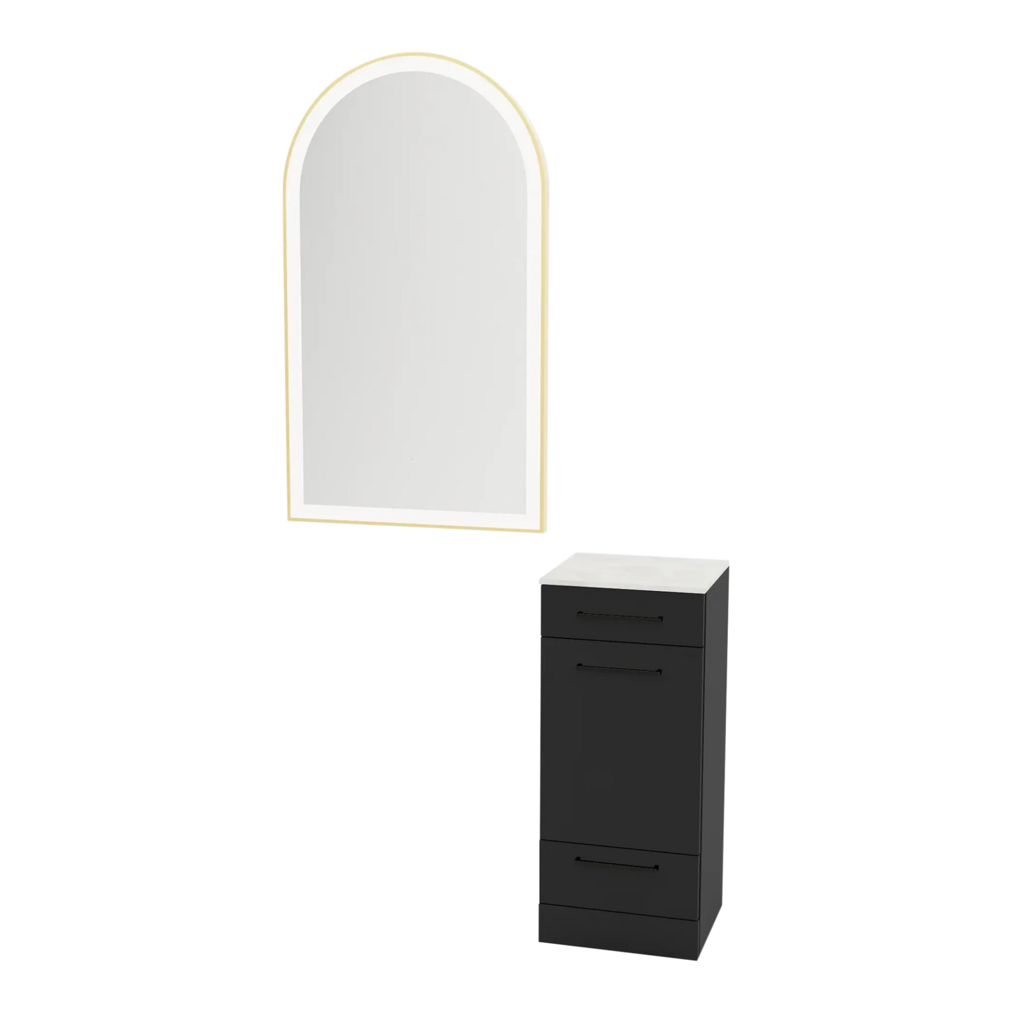 Rococo Mobile Styling Station with Tilt-out Appliance Holder, Solid Surface Countertop, and Gold Arch Paloma Mirror - Kaemark